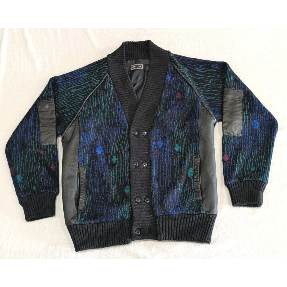 Vintage 90s Saxony Leather & Acrylic Cardigan Sweater Coogi Style Hip Hop Size M